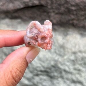 Polished Flower Agate Horned Skull Ring